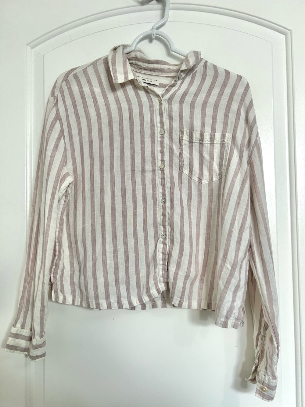 Rachel Zoe 100% Linen Striped Crop Button Down Size M preppy boho beach coastal